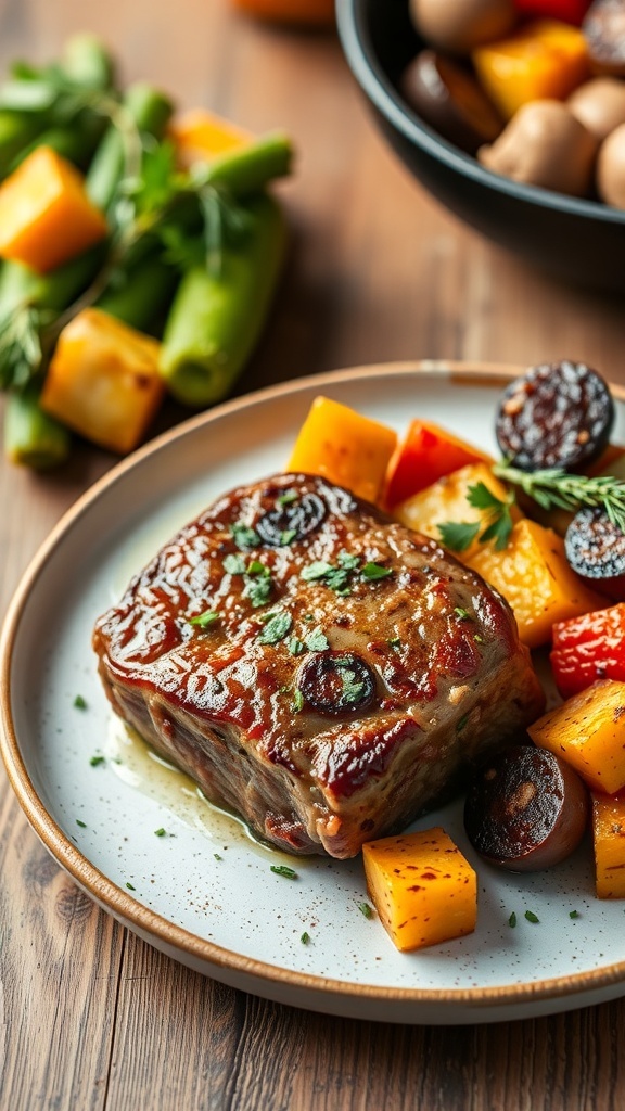 Air fryer venison cube steak garnished with herbs, served with roasted vegetables on a rustic table.